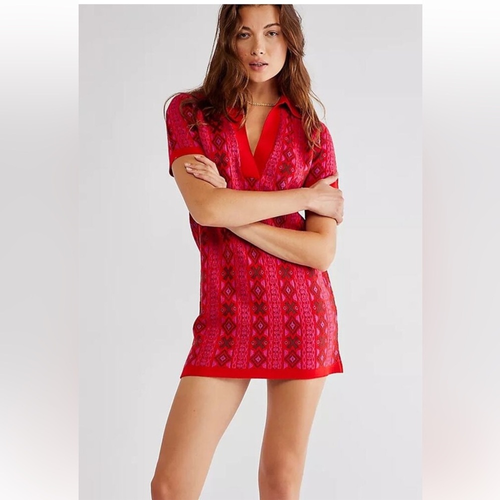 NEW - Free People Kitt Mini Sweater Dress Size LG Aztec Collared Wool Blend